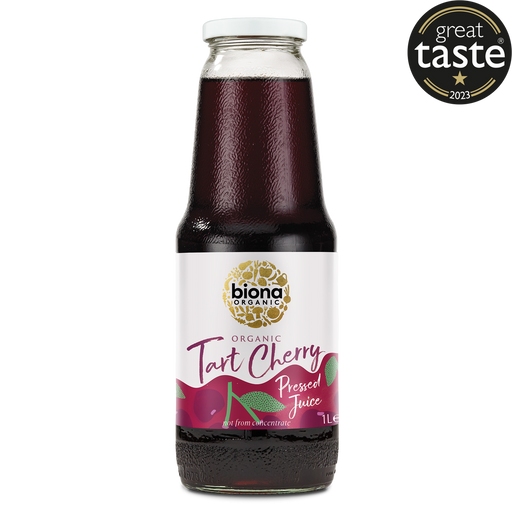Biona Organic Tart Cherry Juice in a 1L glass bottle, bright red liquid with a label featuring cherries
