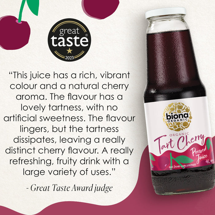 Biona Organic Tart Cherry Juice in a 1L glass bottle with a vibrant red color