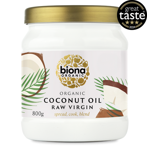 Biona Organic Virgin Coconut Oil in an 800g glass jar with a white label