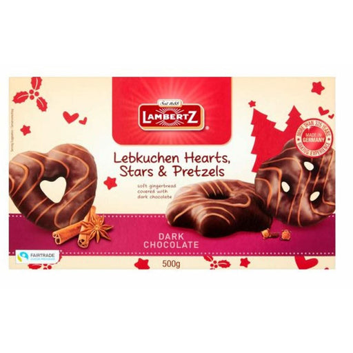 Lambertz Lebkuchen Dark Chocolate Hearts, Stars & Pretzels 500g