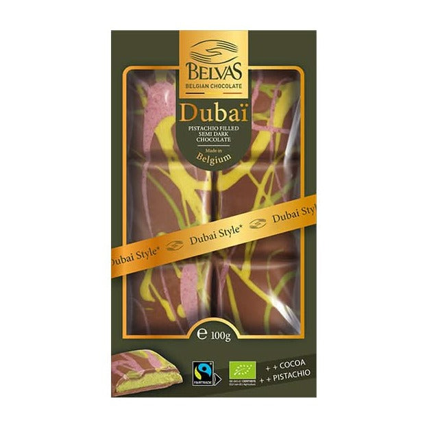 Belvas Dubai Pistachio Semi Dark Choc 100g