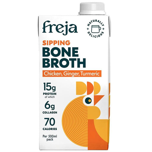 Freja Sipping Bone Broth Chicken Ginger & Turmeric 500ml