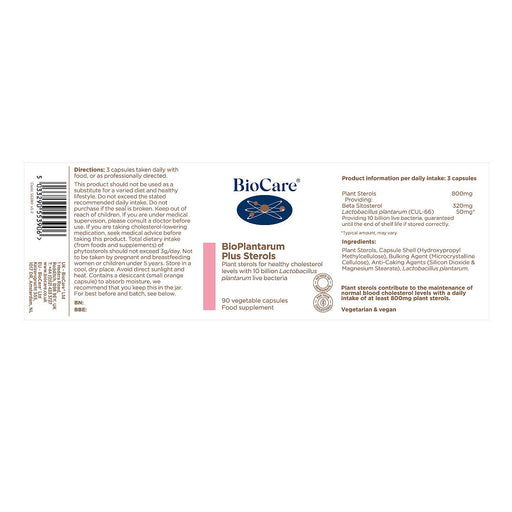 Biocare BioPlantarum Plus Sterols 90 vegetarian capsules for heart health and cholesterol maintenance.