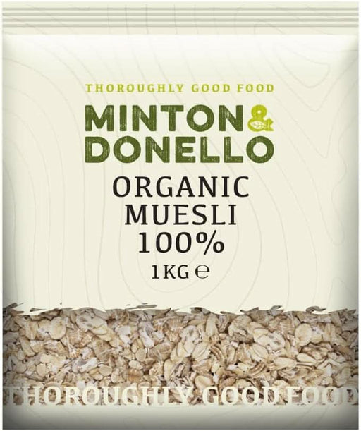 Organic muesli 1kg in clear plastic packaging from Minton & Donello, featuring oats and mixed grains.
