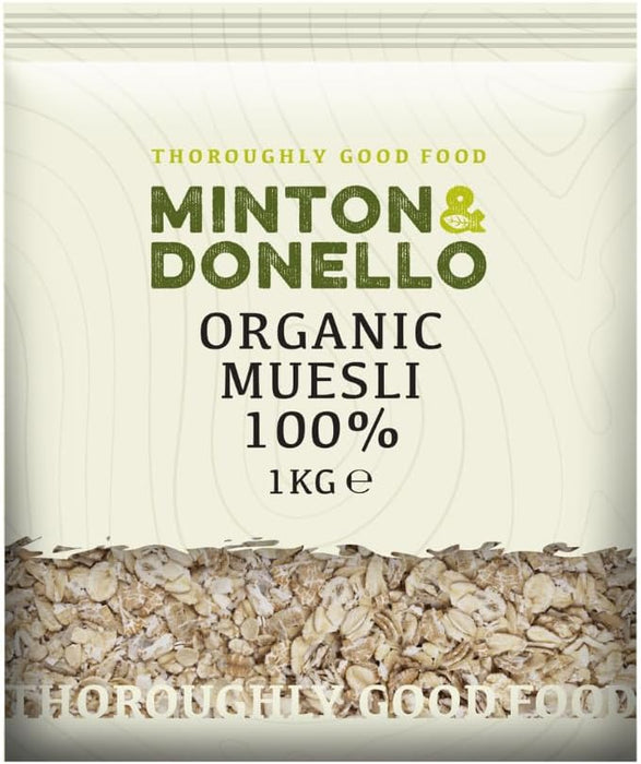 Organic muesli 1kg in clear plastic packaging from Minton & Donello, featuring oats and mixed grains.