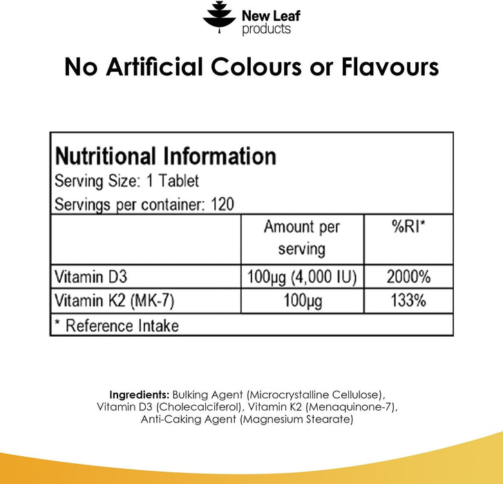 New Leaf Vitamin D3 4000iu & K2 100mcg 120 Tablets