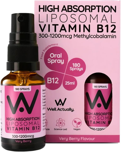 Well Actually Vitamin B12 Methylcobalamin in Very Berry flavor, 25ml liquid supplement bottle