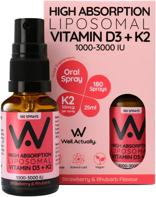 Well Actually Vitamin D3 2000IU and K2 liquid supplement in strawberry and rhubarb flavor, 25ml bottle