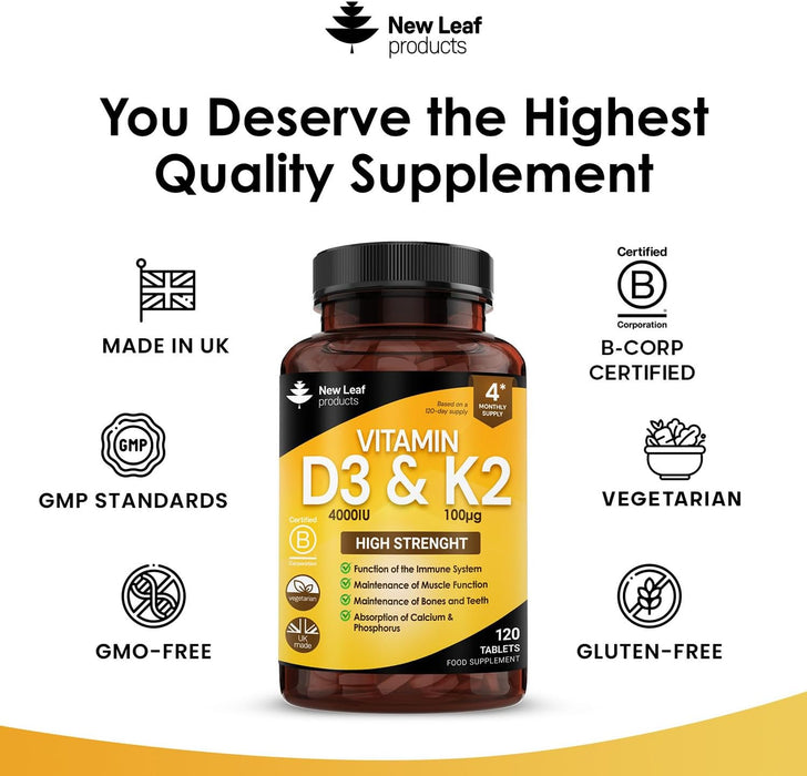 New Leaf Vitamin D3 4000iu & K2 100mcg 120 Tablets