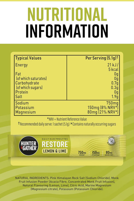 Hunter and Gather Restore Electrolyte Electrolytes Lemon & Lime 30 Sachets