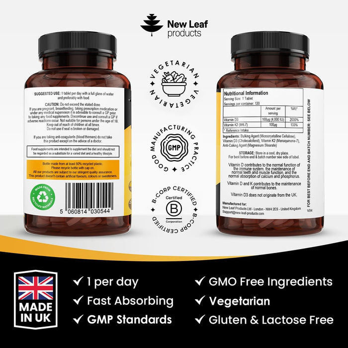 New Leaf Vitamin D3 4000iu & K2 100mcg 120 Tablets