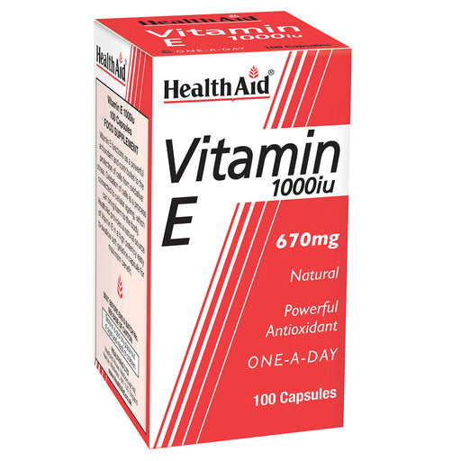 HealthAid Vitamin E 1000iu natural supplement in red box, contains 100 capsules for daily antioxidant support.