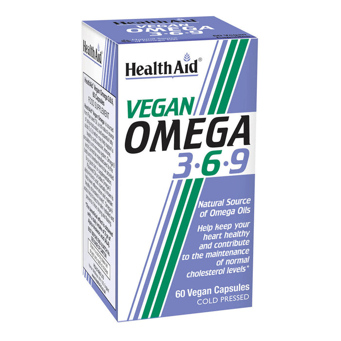 HealthAid Vegan Omega 3.6.9, 60 cold-pressed vegan capsules for heart health and cholesterol maintenance.