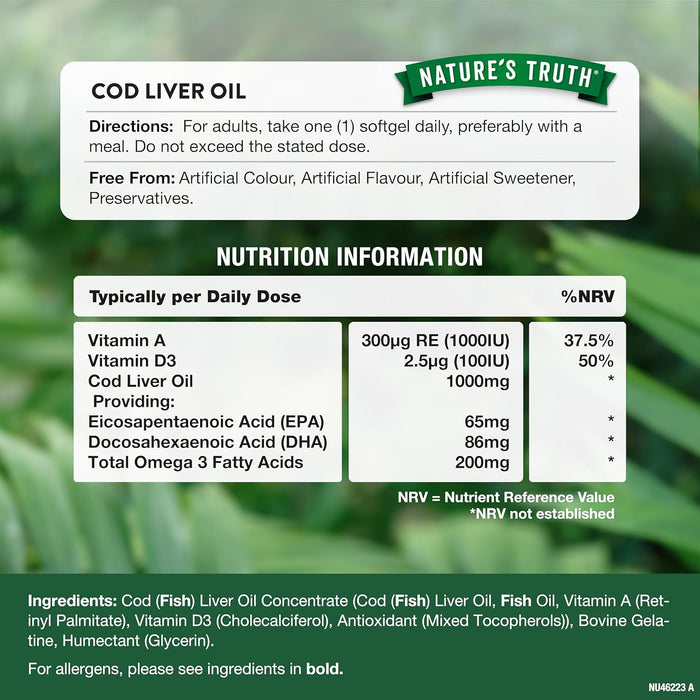 Nature's Truth Cod Liver Oil 1000mg + Vit D 60 Softgels