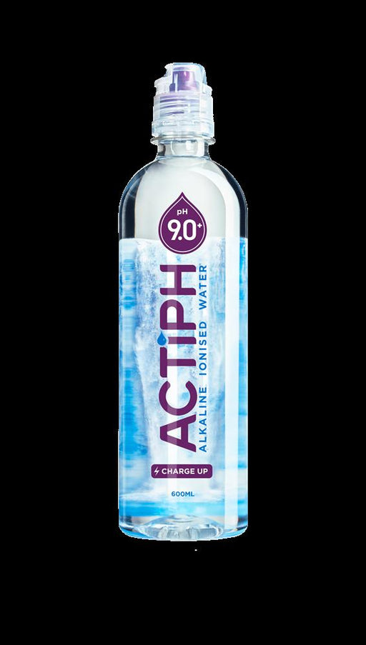 ACTIPH alkaline ionized water bottle, 600ml, with blue tint and purple label, pH 9.0 for hydration.