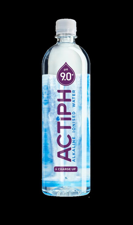 ACTIPH Water 1L bottle, alkaline ionized with pH 9.0, featuring a blue design and bold branding.