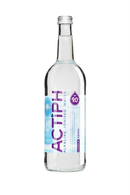 Clear glass bottle of ACTIPH alkaline ionized water, 750ml, featuring a blue label and pH 9.0 indication.