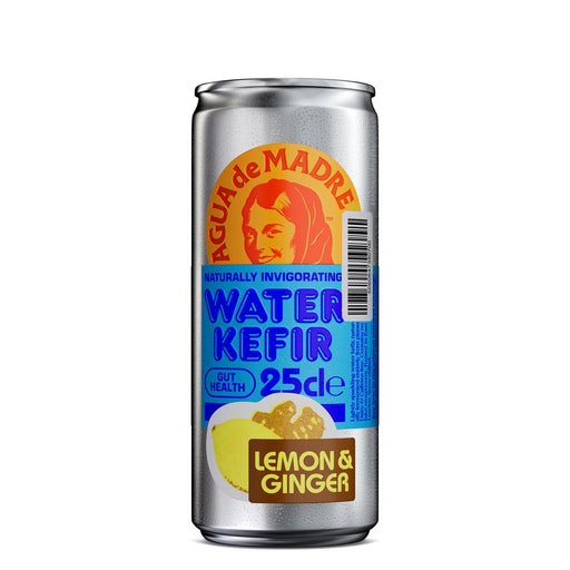 Silver can of Agua De Madre Water Kefir with lemon and ginger flavor, promoting gut health.