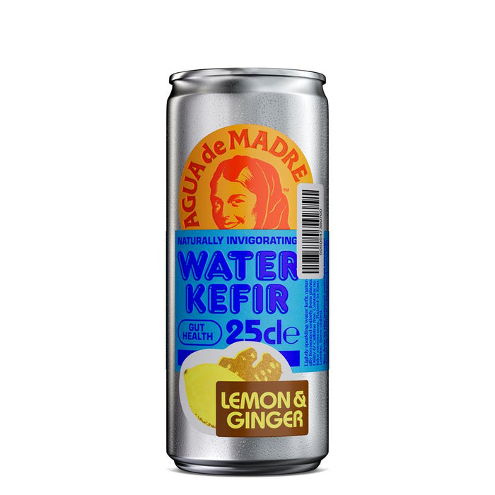 Silver can of Agua De Madre Water Kefir with lemon and ginger flavor, promoting gut health.