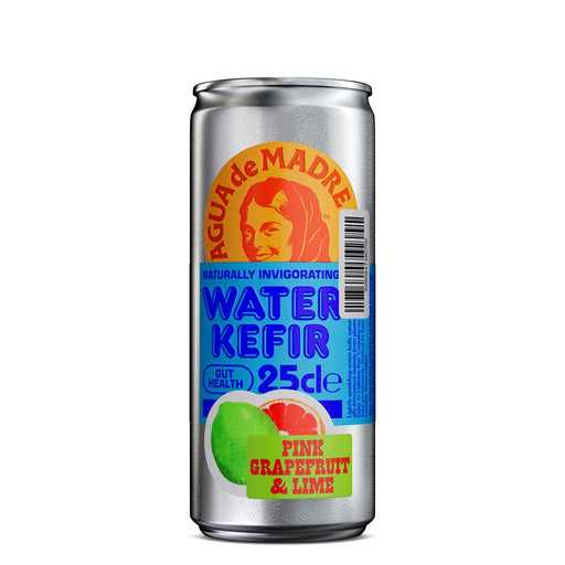 Pink grapefruit and lime water kefir in a silver can by Agua De Madre, promoting gut health.