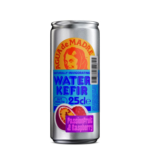 Silver can of Agua De Madre Water Kefir in Passion Fruit & Raspberry flavor, featuring vibrant fruit graphics.
