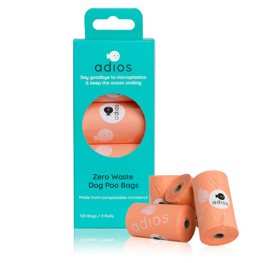 Pink compostable dog poo bags in eco-friendly packaging by Adios Plastic, featuring 120 bags across 8 rolls.