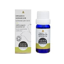 Organic Geranium Essential Oil 10ml in blue glass bottle with white cap, by Aqua Oleum, with a cardboard box.