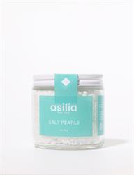 Asilia Salt Pearls in a clear jar with a teal label, ideal for enhancing dishes or health benefits.