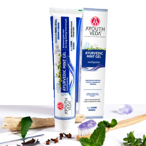 Ayouthveda Ayurvedic Mint Toothpaste 100g in green and white packaging with mint leaf design