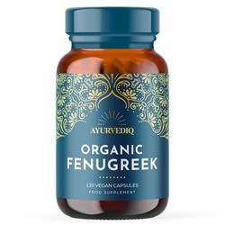 Green bottle of Ayurvediq Wellness Fenugreek 120 capsules with label displaying health benefits and ingredients.