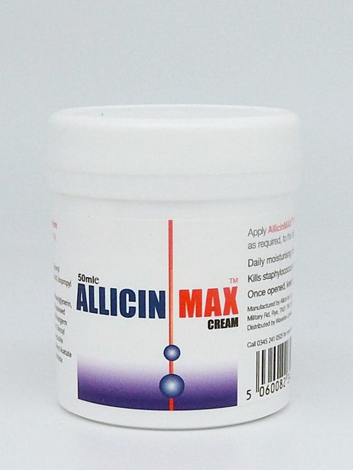 Allicin Max Cream 50ml in a white tube with a flip cap for immune support and health enhancement.
