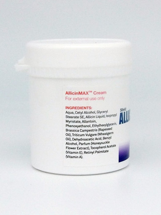 Allicin Max Cream 50ml jar in white packaging with a silver lid, featuring a natural supplement formula.