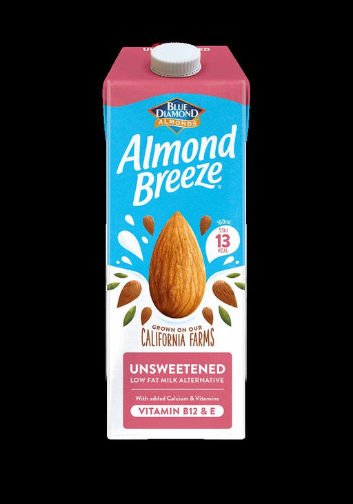 Unsweetened almond milk beverage in a blue and pink carton, featuring an almond and nutritional information.