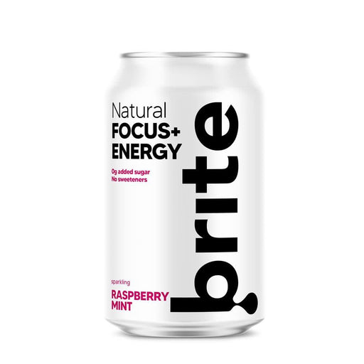 Brite FOCUS Raspberry Mint sparkling beverage can with a minimalist design and no added sugar.