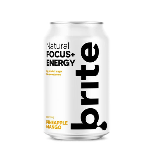 White can of Brite FOCUS Pineapple Mango sparkling beverage with no added sugar or sweeteners.