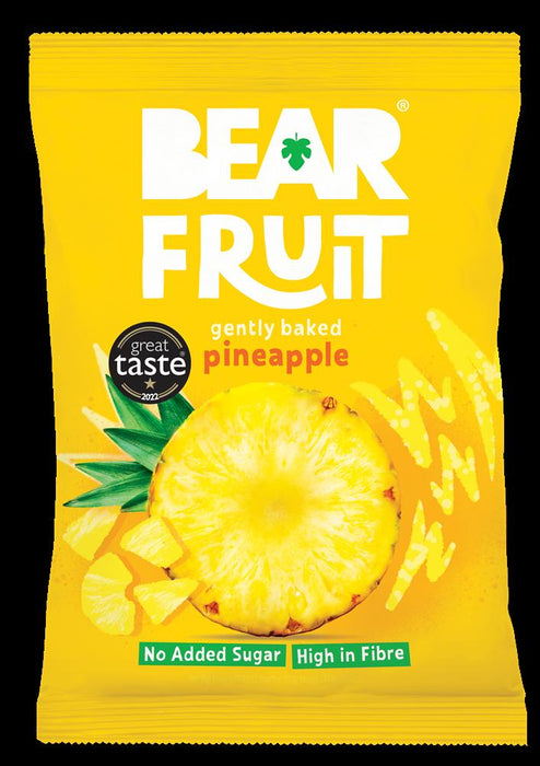 Gently baked dried pineapple slices in a bright yellow packaging, BEAR Fruit brand, no added sugar, high in fiber.
