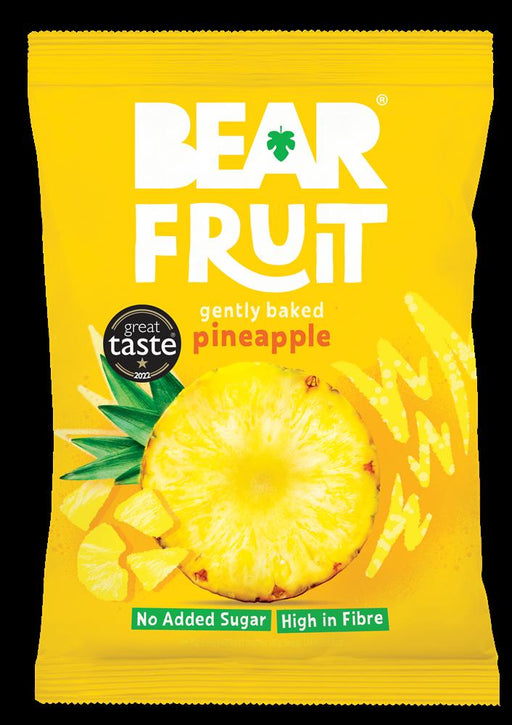 Gently baked dried pineapple slices in a bright yellow packaging, BEAR Fruit brand, no added sugar, high in fiber.