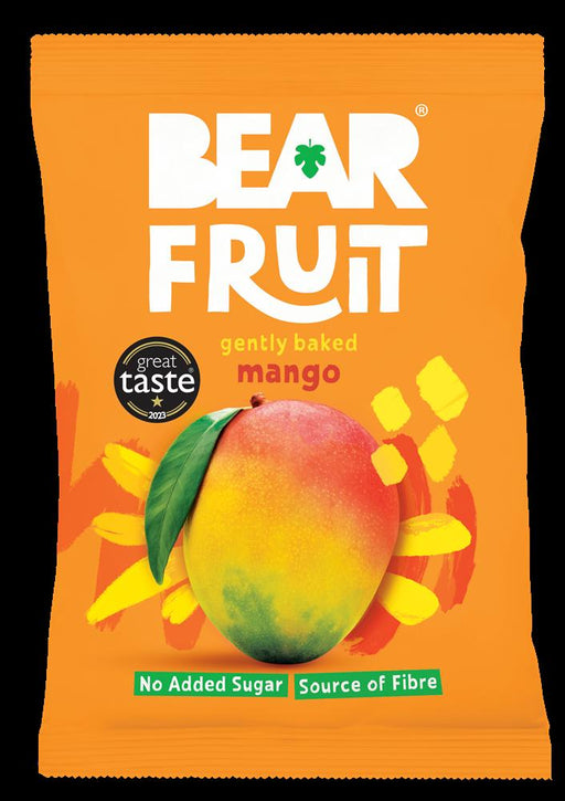 Dried mango snack in orange packaging, labeled "BEAR Fruit," with a mango illustration and highlighting no added sugar.