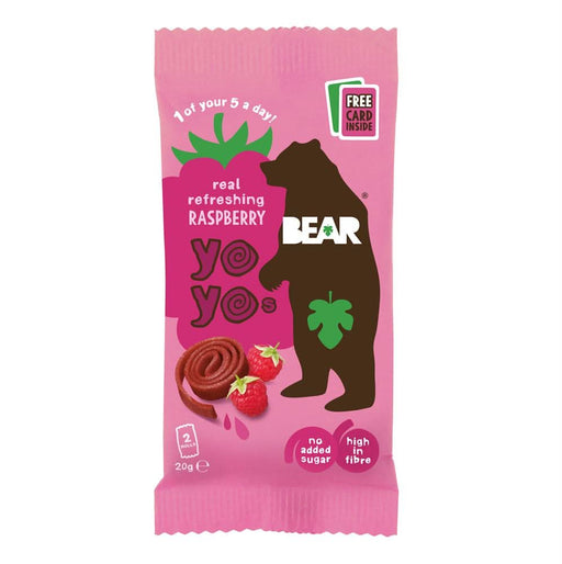 BEAR Raspberry Yoyo snack in pink packaging, high in fiber, no added sugar, featuring raspberries and a bear logo