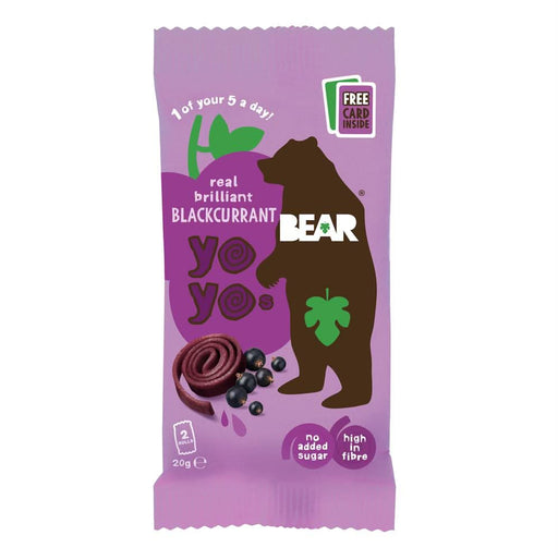 Blackcurrant fruit yoyo snack from BEAR, packaged in a purple bag, high in fiber with no added sugar.