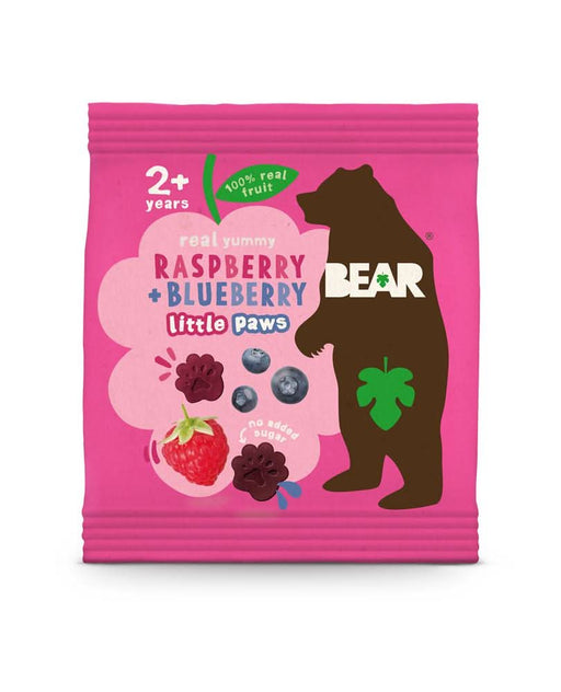 Pink packaging of BEAR Paws Raspberry & Blueberry health snacks for toddlers, featuring real fruit images.