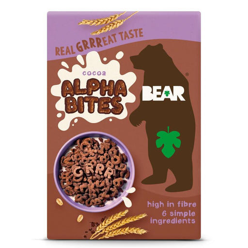 Cocoa-flavored BEAR Alphabites in a purple bowl, made from 6 simple ingredients, high in fiber, with bear logo on packaging.