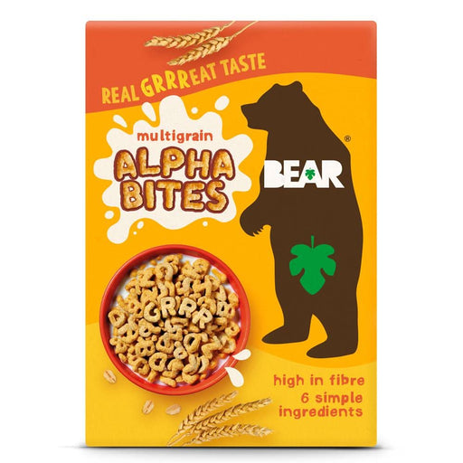 Multigrain Alphabites cereal in a red bowl, featuring playful alphabet shapes, by BEAR, high in fiber and made with 6 ingred