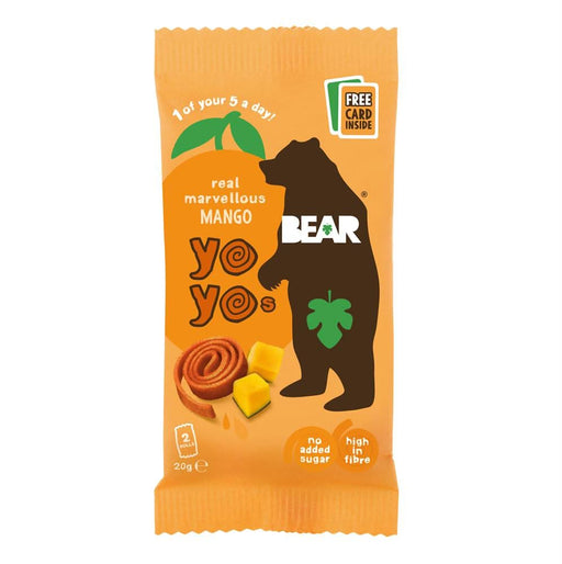 BEAR Mango Yoyo snack packaging featuring mango pieces, spiral shape, and vibrant orange background