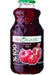  organic pomegranate juice in a clear glass bottle with a green cap and illustration of pomegranate fruit.