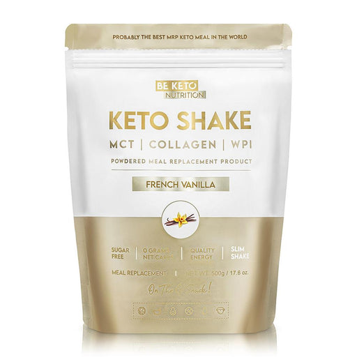 BeKeto Keto Shake in French Vanilla, 500g, powdered meal replacement with MCT, collagen, and WPI.