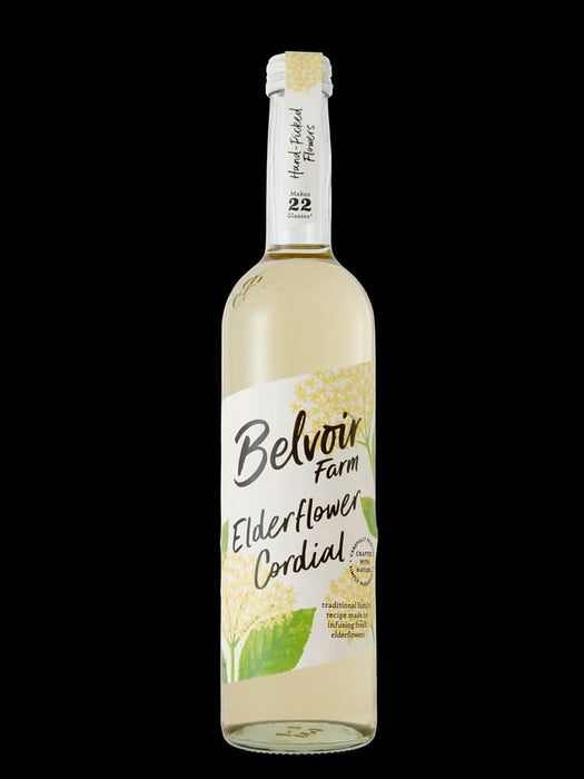 Belvoir Elderflower Cordial in a clear glass bottle, featuring floral design and white label.