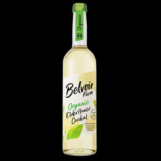 Organic Elderflower Cordial by Belvoir in clear glass bottle with a green label and floral design.
