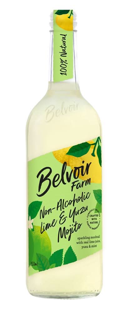 Belvoir Non-Alcoholic Lime & Yuzu Mojito in clear glass bottle with vibrant green label featuring mint leaves.