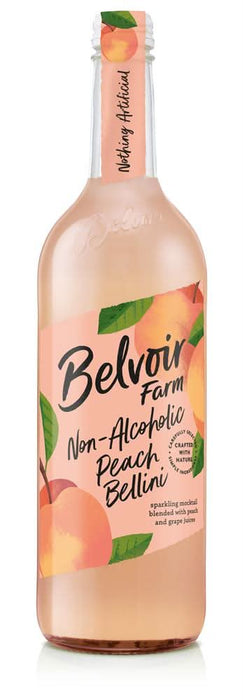 Non-alcoholic peach Bellini beverage in transparent glass bottle with peach and leaf illustrations, by Belvoir.